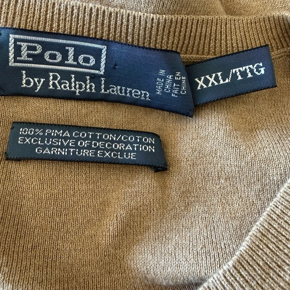 Vintage Polo Ralph Lauren Sweater Men's 2XL Tan 100% Pima Cotton V-Neck Preppy